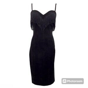 Unique vintage Pia Rucci black suede leather dress 6 BoxD heavily beaded Midi